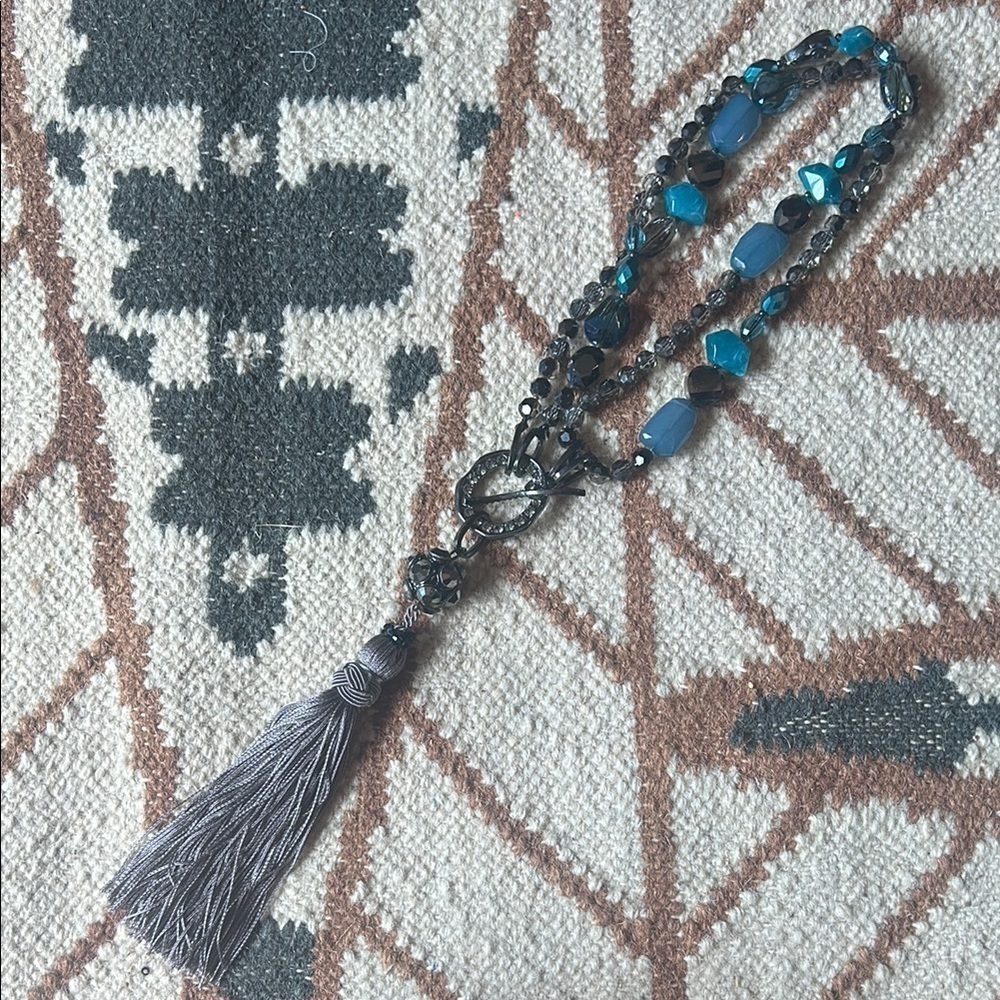Vintage Elegant Double layer Beaded Necklace with Tassel blue / grey o/s